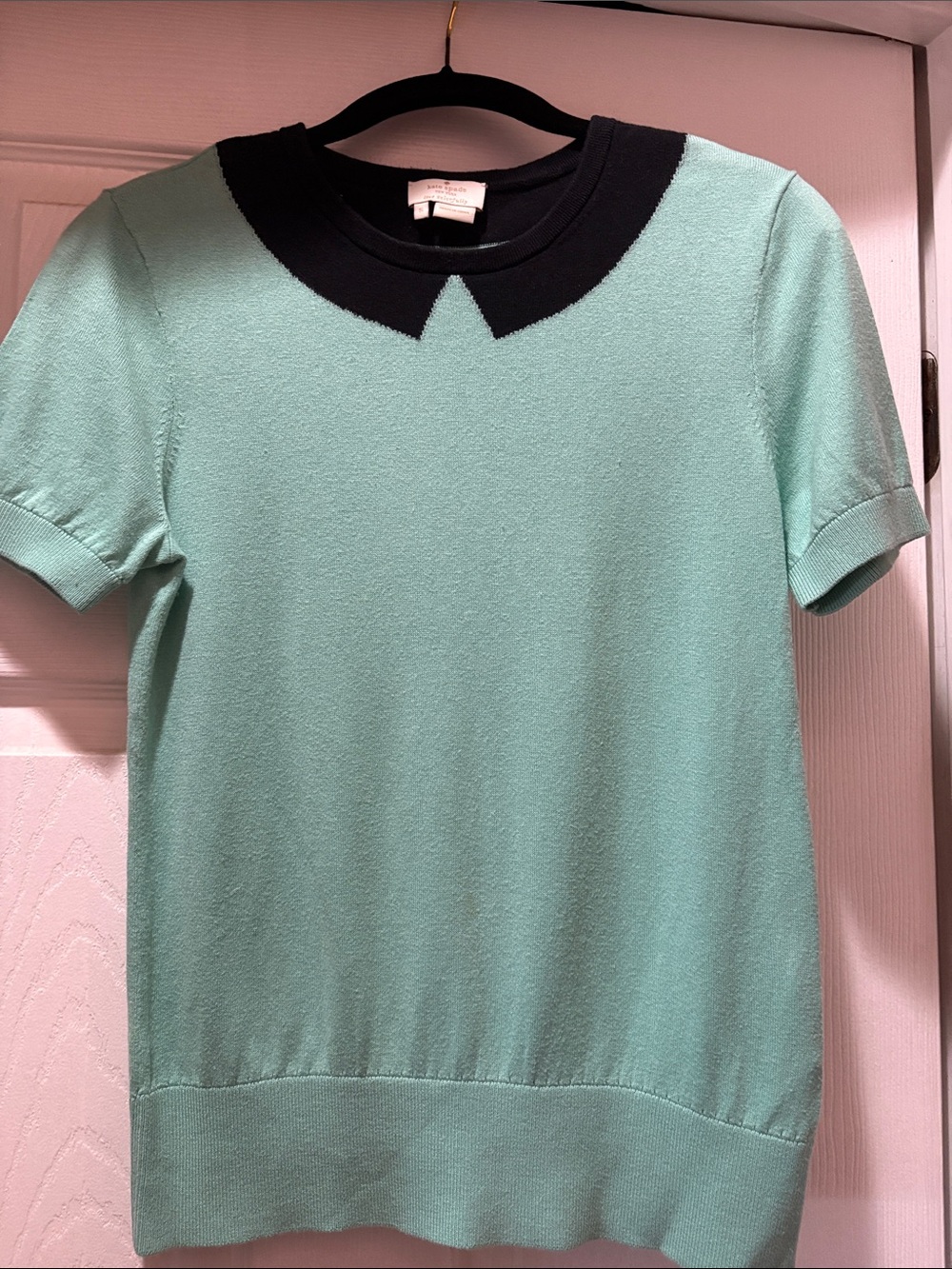 Kate Spade Short-Sleeve Mint Top with Contrasting Black Collar